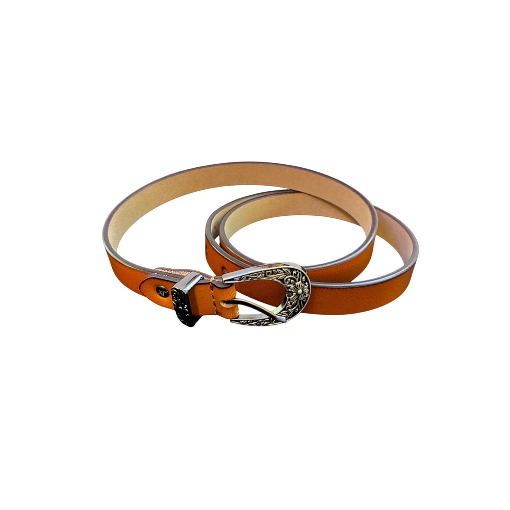 Mens Tan Leather Western Belt Silver Floral Engraved Buckle Slim Style